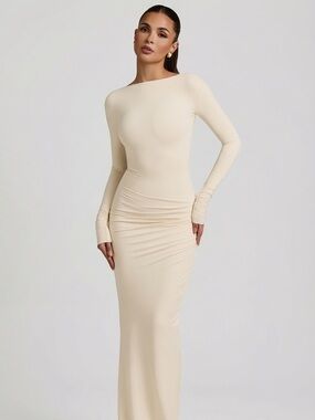 embellished asymmetric maxi dress in smokey blue Nash Diamante Off Shoulder Maxi Dress / Navy | MESHKI main image 0